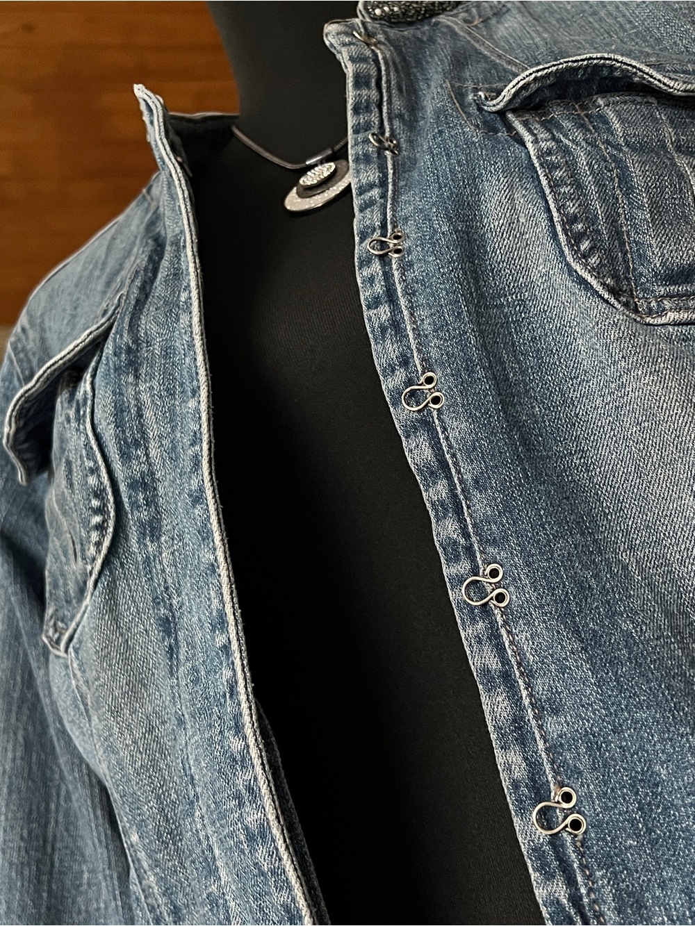 Washed Blue Denim Jacket with Bead-Trim Stand Collar - Picture 5 of 15